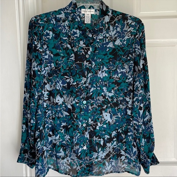 🌸💮Rena Rowan leaf print 💯% Silk Blouse - Picture 1 of 5